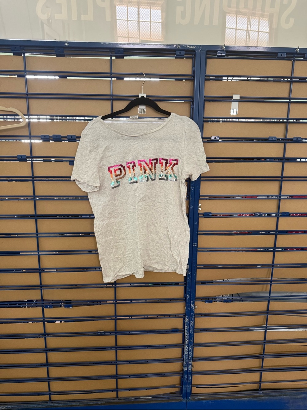 PINK Victoria's Secret Cream Short Sleeve Tee with Multicolor Sequin Logo